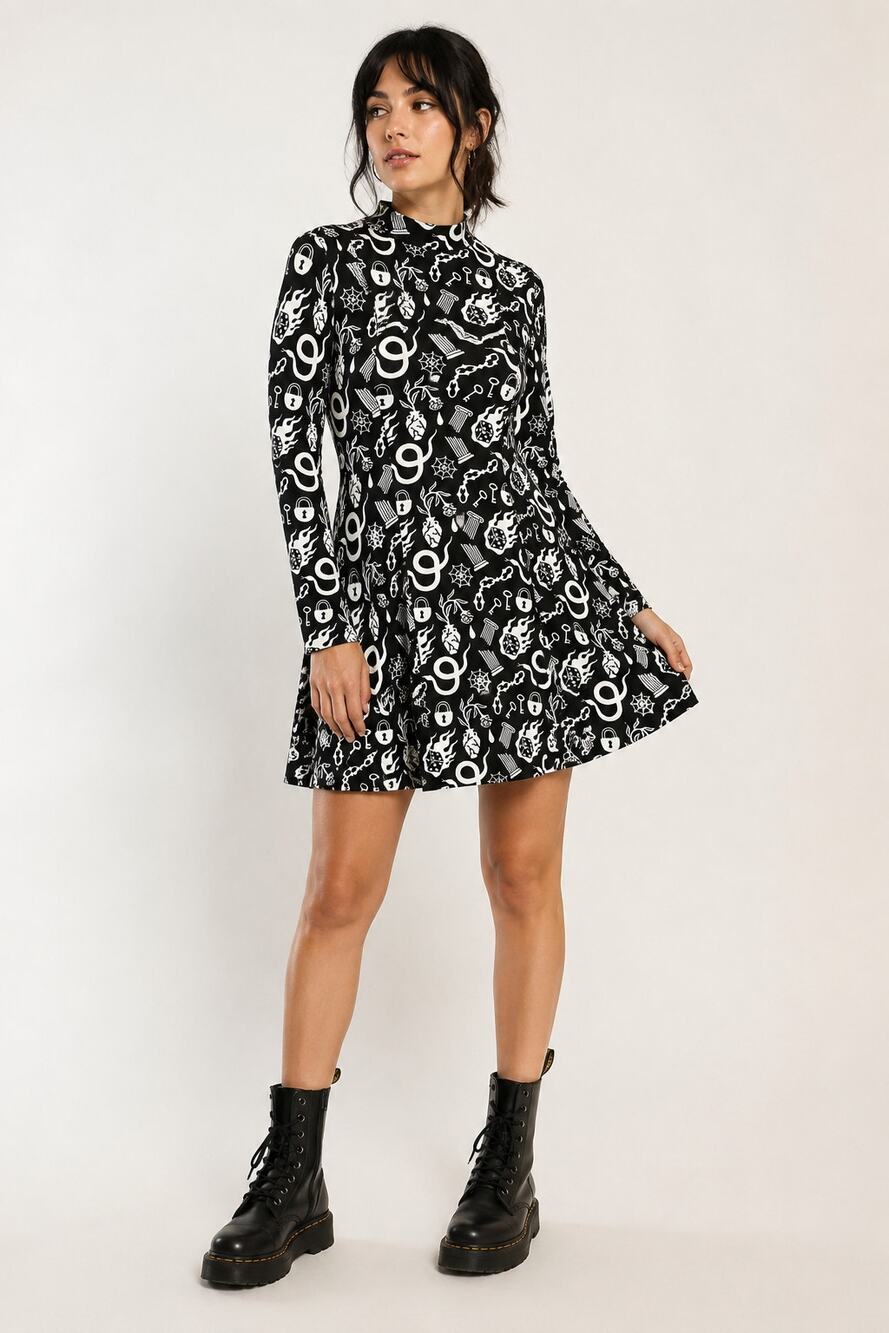 Nooworks Tonya Dress x While Odin Sleeps Odin Print Small Mock Neck Made in USA